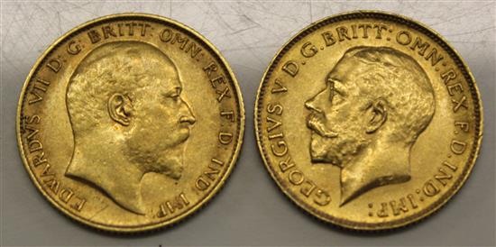 Two gold half sovereigns, 1907 and 1913